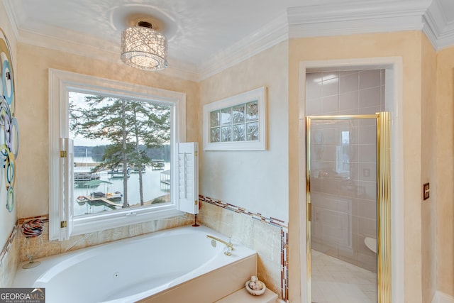 6780 Lawson Cir, Gainesville, GA 30506 - bathroom featuring a bath, a stall shower, and ornamental molding