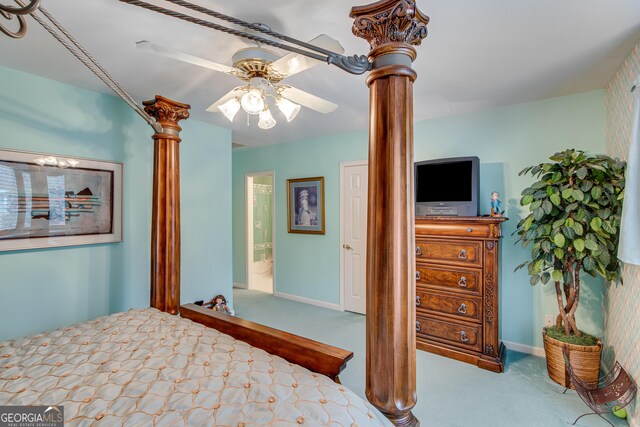 6780 Lawson Cir, Gainesville, GA 30506 - bedroom featuring ensuite bathroom, baseboards, carpet, decorative columns, and ceiling fan