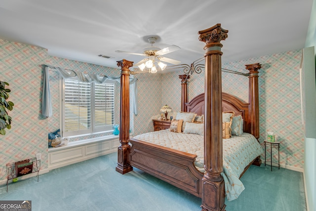 6780 Lawson Cir, Gainesville, GA 30506 - carpeted bedroom featuring wallpapered walls, visible vents, a ceiling fan, and baseboards