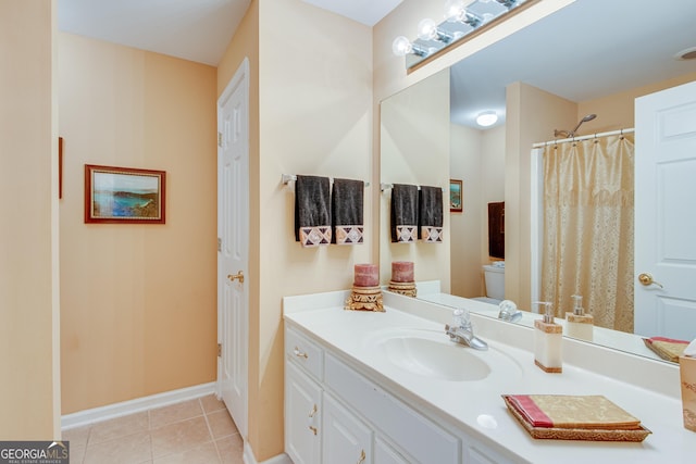 6780 Lawson Cir, Gainesville, GA 30506 - full bathroom featuring tile patterned floors, vanity, curtained shower, baseboards, and toilet