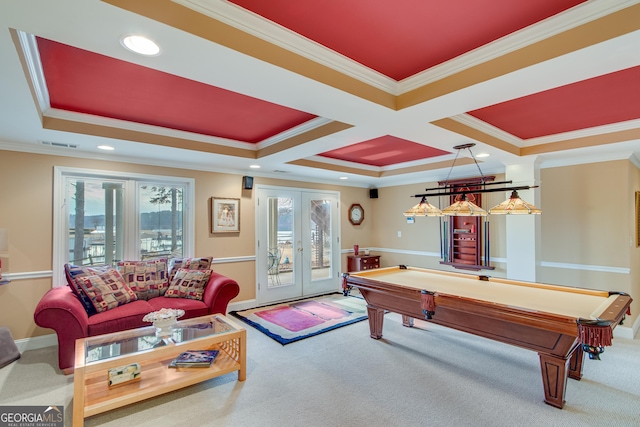 6780 Lawson Cir, Gainesville, GA 30506 - recreation room with billiards, visible vents, french doors, crown molding, and carpet flooring