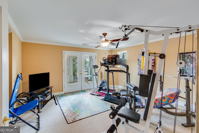 6780 Lawson Cir, Gainesville, GA 30506 - workout room featuring carpet, baseboards, ornamental molding, and french doors