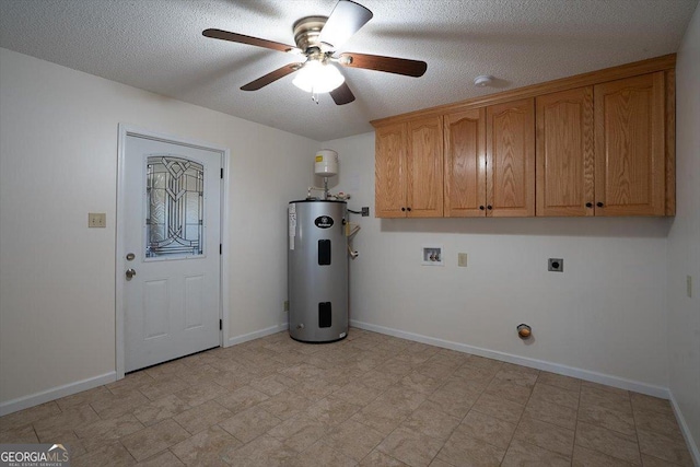 clothes washing area with ceiling fan, electric dryer hookup, cabinets, electric water heater, and washer hookup