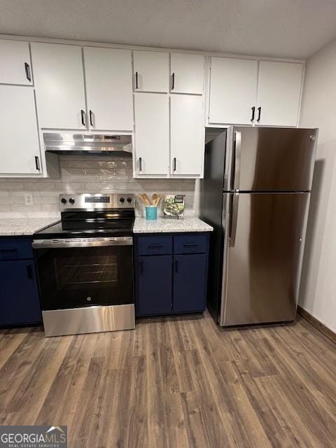 kitchen featuring white cabinetry, appliances with stainless steel finishes, and blue cabinetry