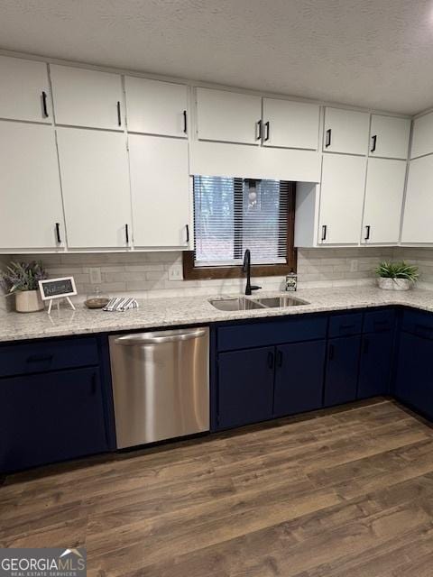 kitchen featuring blue cabinetry, stainless steel dishwasher, sink, and white cabinets