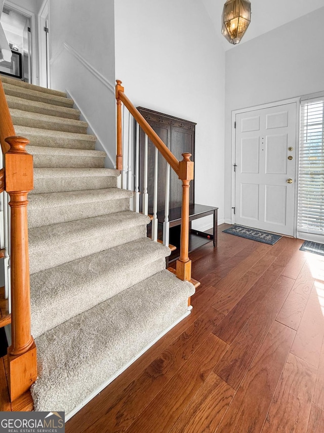 entrance foyer with dark hardwood / wood-style flooring and a high ceiling