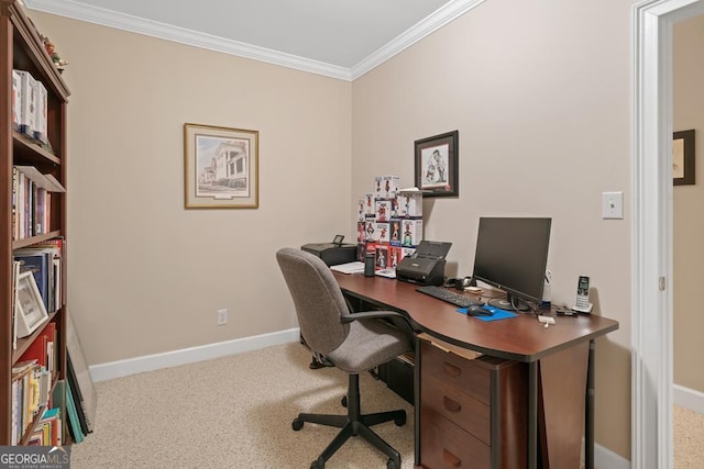 carpeted office space with crown molding