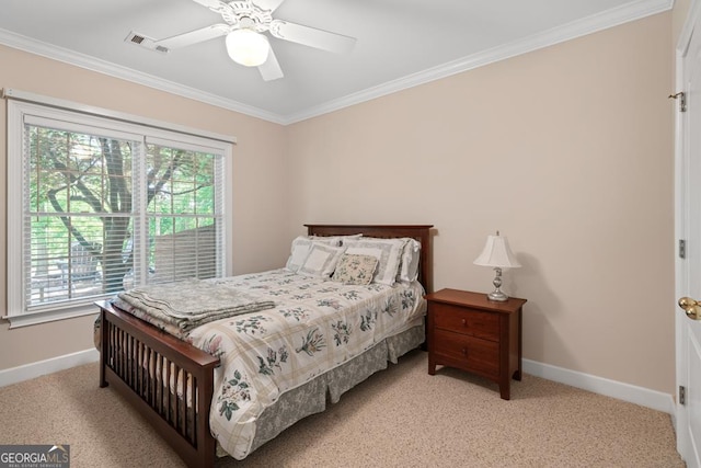 bedroom with crown molding, light carpet, and multiple windows