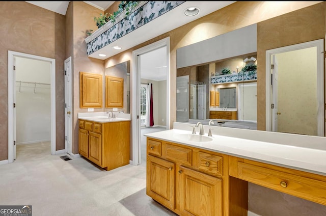 bathroom featuring vanity and a shower with shower door