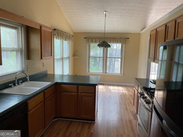 kitchen with sink, stainless steel gas range, dishwasher, refrigerator, and decorative light fixtures