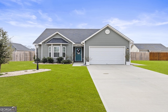 ranch-style house featuring a garage and a front lawn