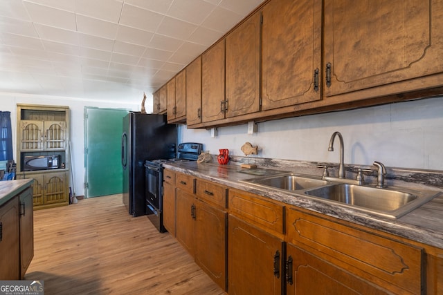 kitchen with sink, light hardwood / wood-style flooring, and black appliances