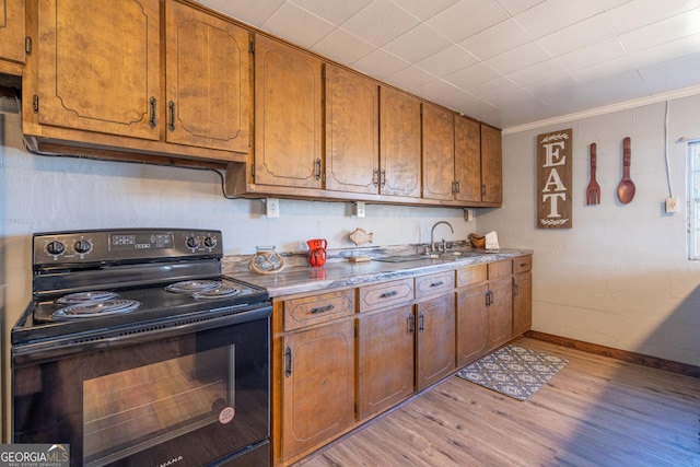 kitchen featuring ornamental molding, sink, black range with electric cooktop, and light hardwood / wood-style flooring
