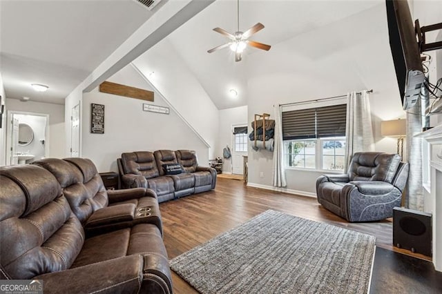 living room featuring dark wood-type flooring, high vaulted ceiling, and ceiling fan