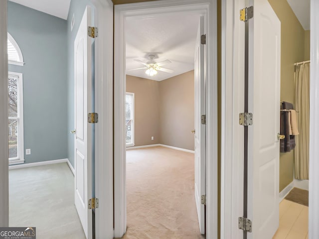 hallway with light colored carpet