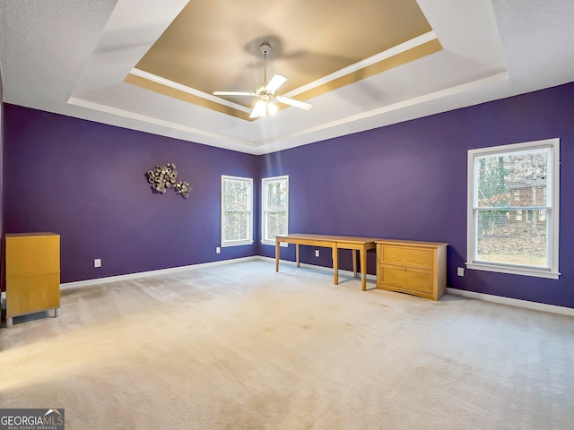 interior space featuring a tray ceiling, ceiling fan, and carpet