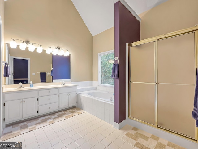 bathroom with high vaulted ceiling, vanity, plus walk in shower, and tile patterned flooring