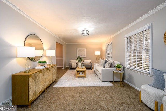 carpeted living room with crown molding