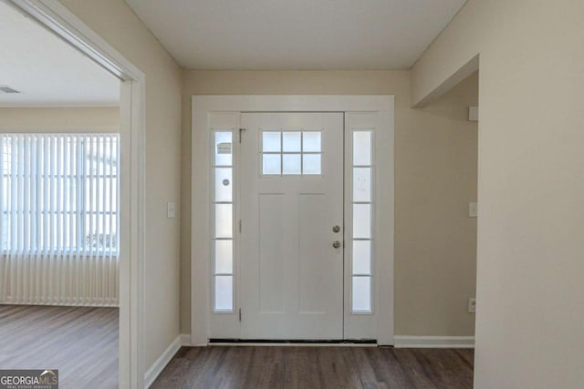 foyer with a wealth of natural light and dark hardwood / wood-style flooring