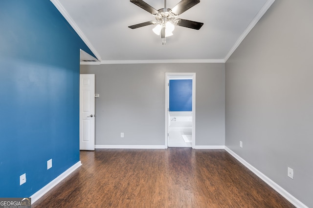 unfurnished room featuring ornamental molding, dark hardwood / wood-style floors, and ceiling fan