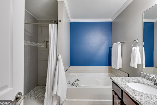 bathroom featuring vanity, ornamental molding, and shower with separate bathtub