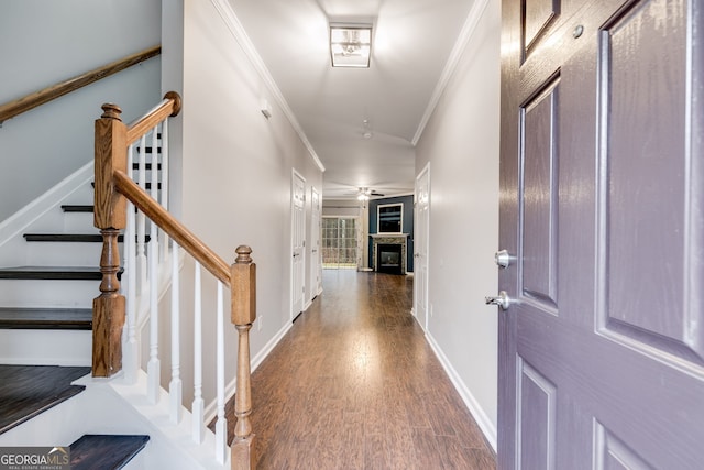 interior space with ornamental molding, ceiling fan, and dark hardwood / wood-style flooring