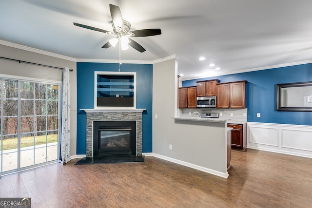 kitchen with crown molding, dark hardwood / wood-style floors, and a stone fireplace