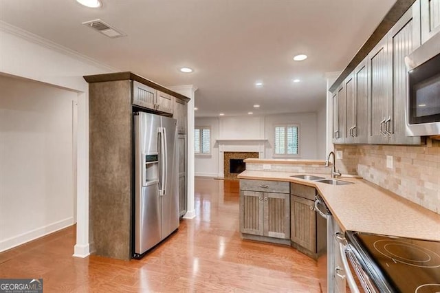 kitchen with sink, light hardwood / wood-style flooring, ornamental molding, stainless steel appliances, and backsplash