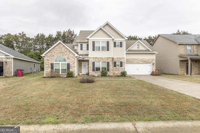 craftsman-style house with central air condition unit and a front lawn