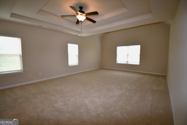 spare room with light colored carpet, a ceiling fan, a healthy amount of sunlight, and a raised ceiling