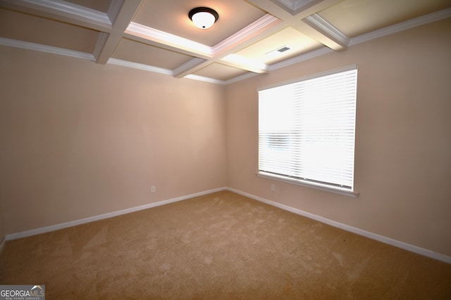 unfurnished room with light carpet, baseboards, visible vents, coffered ceiling, and beamed ceiling