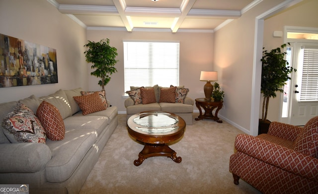 carpeted living area with beamed ceiling, ornamental molding, baseboards, and coffered ceiling