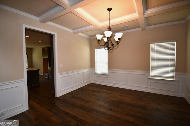 spare room featuring beam ceiling, wainscoting, an inviting chandelier, coffered ceiling, and dark wood-type flooring