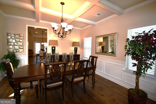 dining area featuring visible vents, a wealth of natural light, coffered ceiling, and dark wood finished floors
