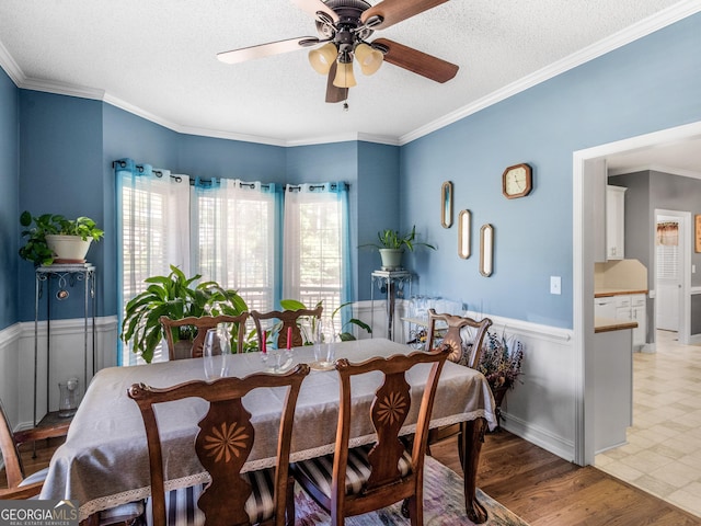 dining area featuring a textured ceiling, ornamental molding, wood finished floors, and a wealth of natural light