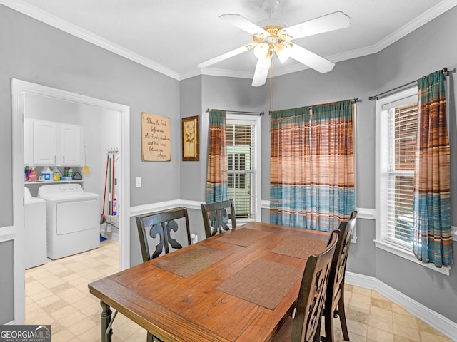 dining space with light floors, ceiling fan, baseboards, and crown molding