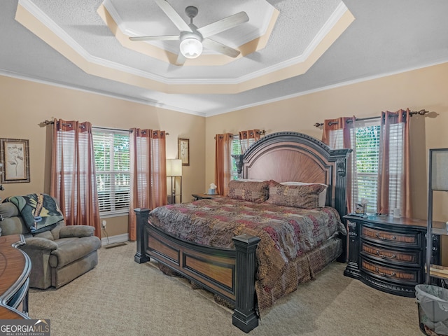 bedroom with light carpet, a tray ceiling, and multiple windows