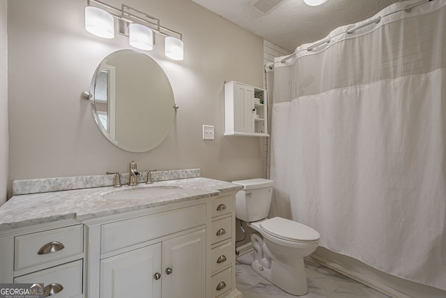 bathroom featuring vanity, a textured ceiling, toilet, and a shower with shower curtain