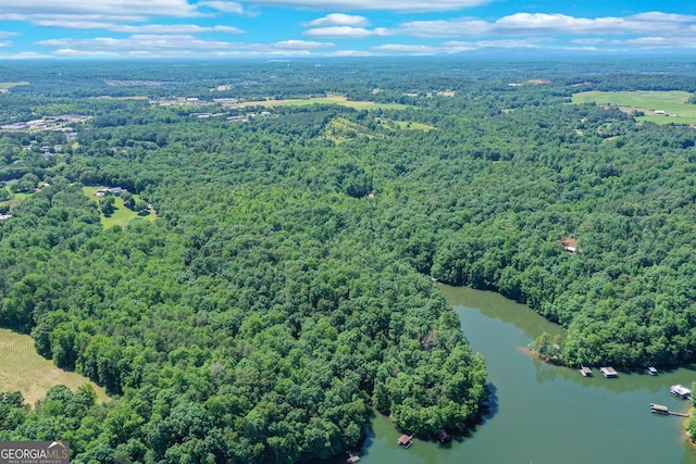 aerial view featuring a water view and a wooded view