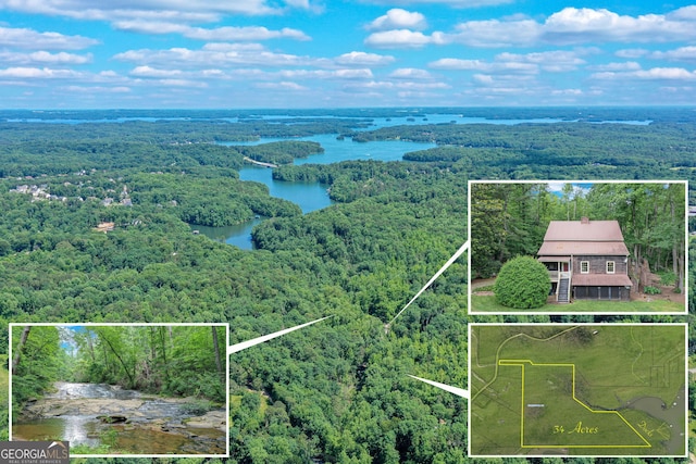 birds eye view of property featuring a wooded view and a water view