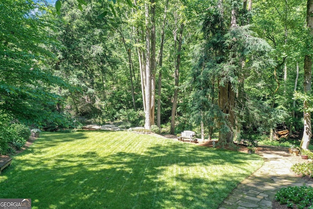 view of yard with a view of trees