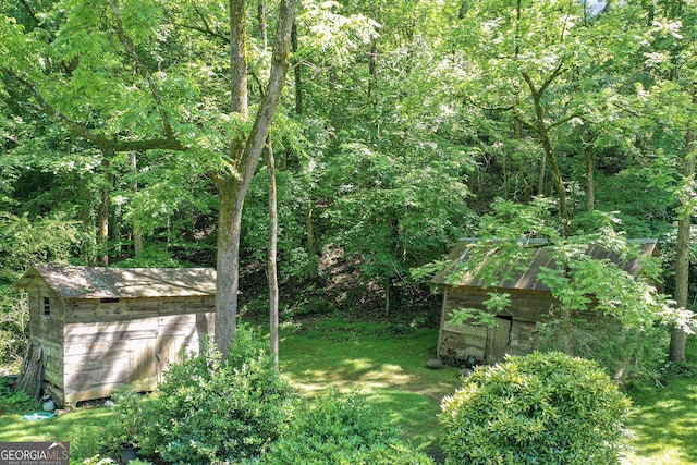 view of yard featuring a forest view, a storage shed, and an outbuilding