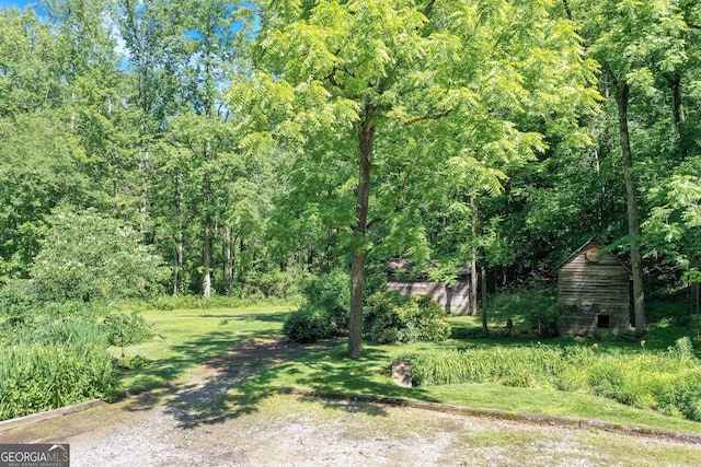 view of yard with a view of trees