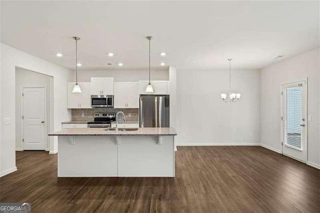 kitchen featuring a kitchen island with sink, sink, white cabinetry, and appliances with stainless steel finishes