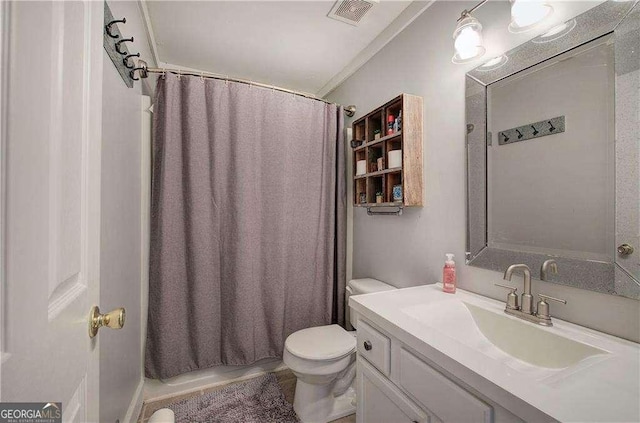 full bathroom featuring vanity, shower / bath combination with curtain, and toilet