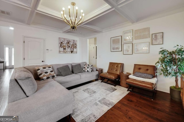 living room with wood-type flooring, coffered ceiling, a notable chandelier, and beam ceiling