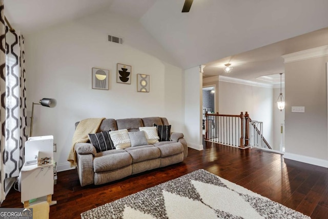 living room with crown molding, ceiling fan, lofted ceiling, and dark hardwood / wood-style floors