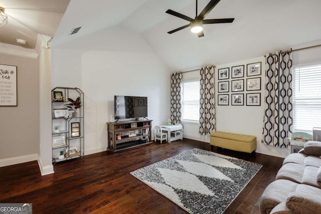 living room featuring vaulted ceiling, ceiling fan, and dark hardwood / wood-style flooring