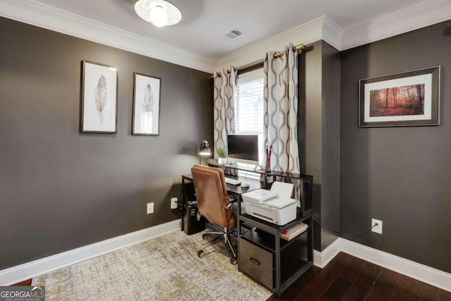 home office with ornamental molding and hardwood / wood-style floors