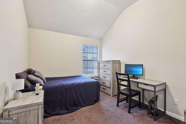 bedroom featuring dark carpet, vaulted ceiling, and a textured ceiling